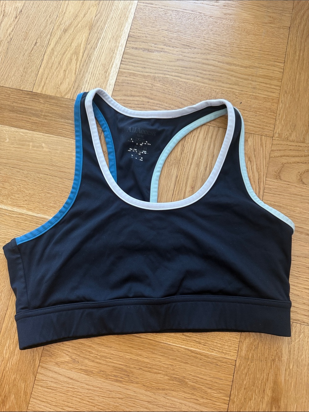 ALL ACCESS Black Sports Bra with Blue and Light Blue Trim